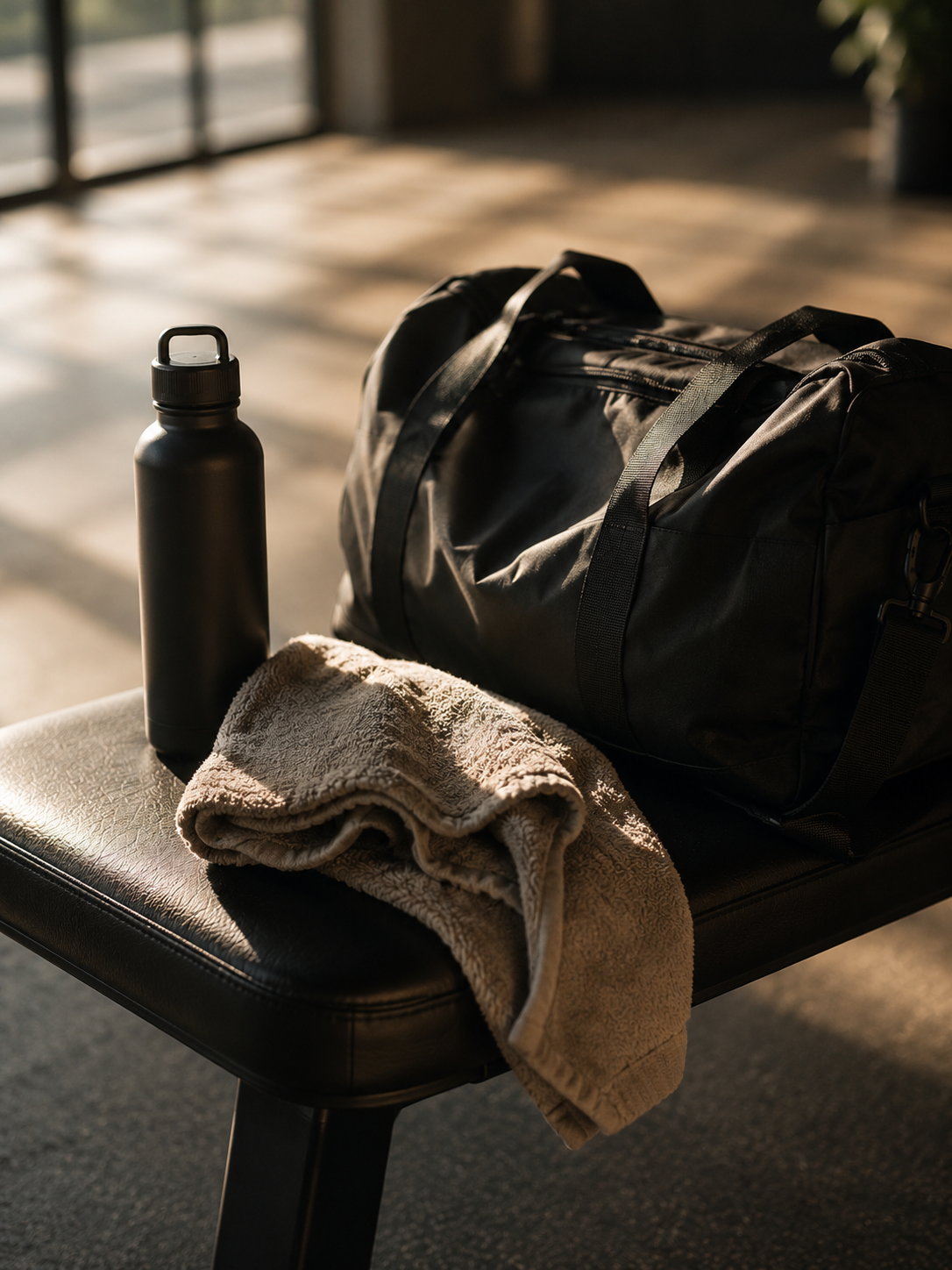 Gym bag, water bottle and towel resting on a bench in warm natural light